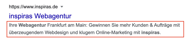 Was ist eine Metadescription? Screenshot eines SERPs aus der Google Suche zur Inspiras Webagentur Frankfurt. 